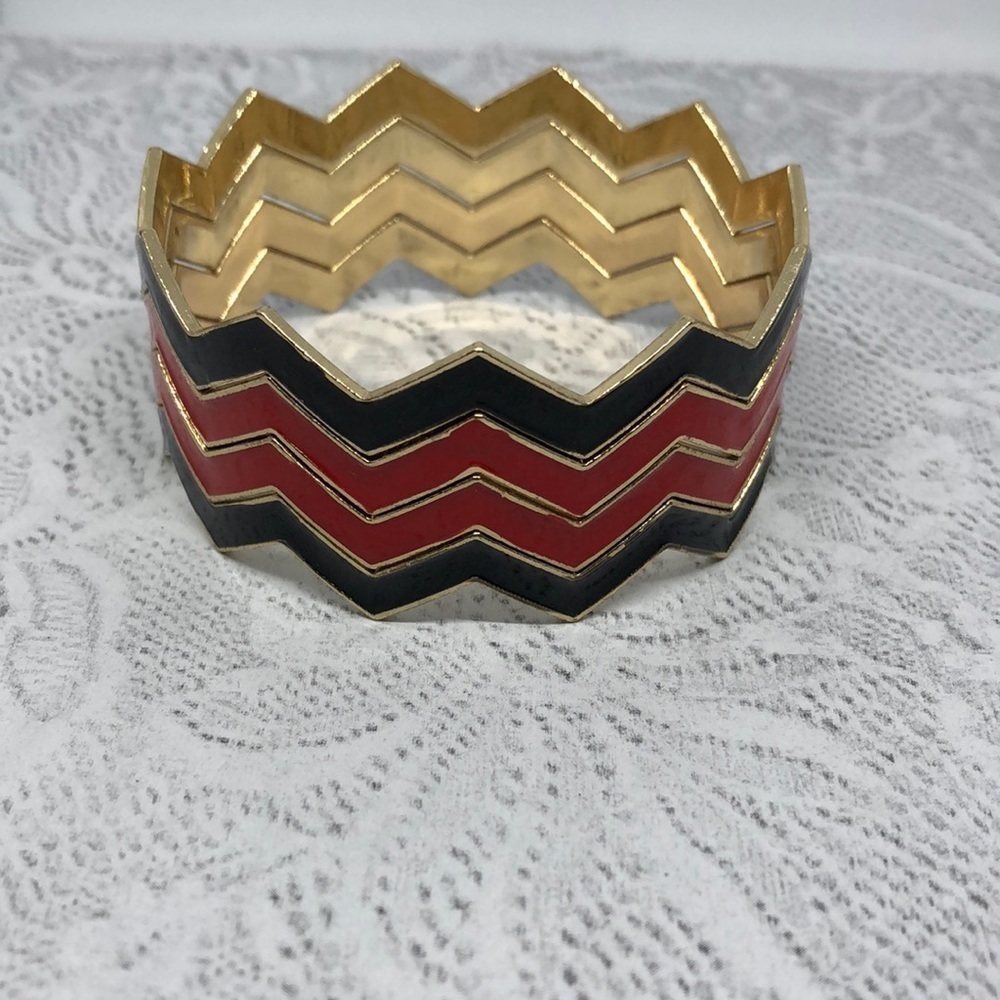 𝅺Enamel zig zag 2 tone geometric stackable layering bangle bracelets bundle 4 .